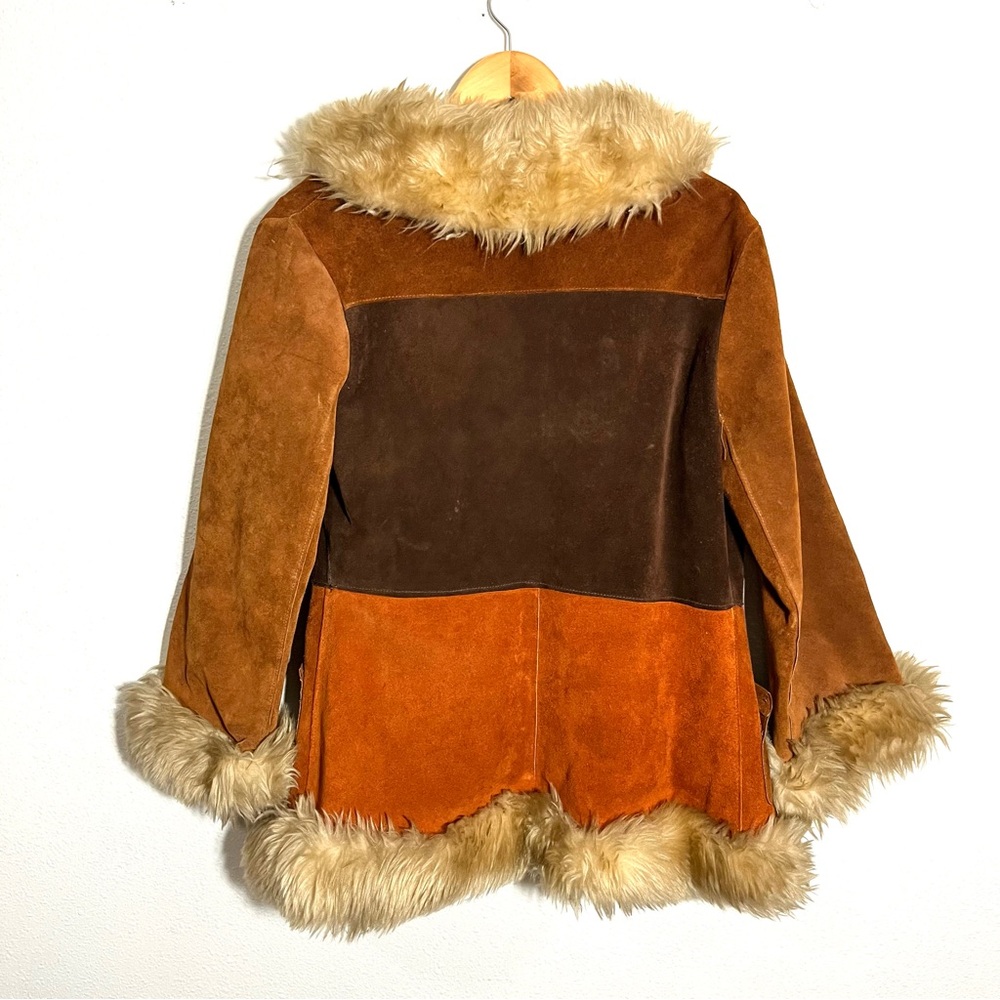 True vintage 70s Penny Lane patchwork suede Jacket Fur Trim coat sz S M as is - Picture 10 of 12